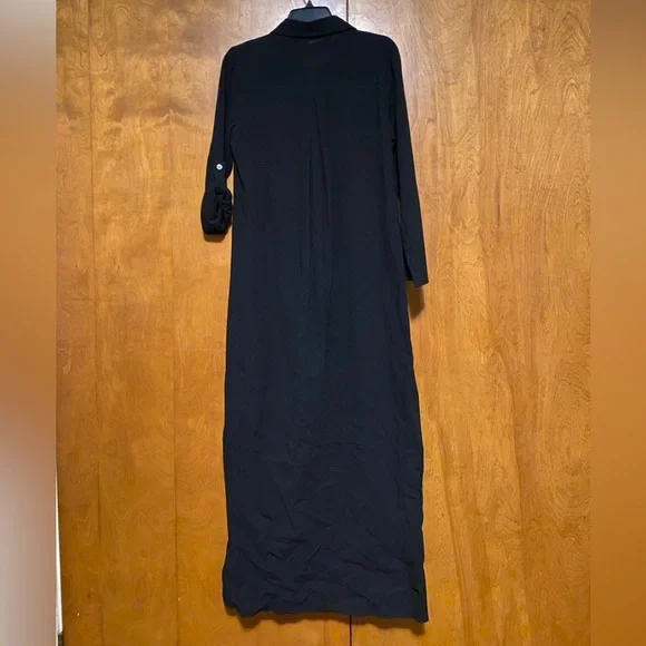 Long Sleeve Collard Button Down Shirt Dress Black With Side Slits Size Small - Picture 5 of 8